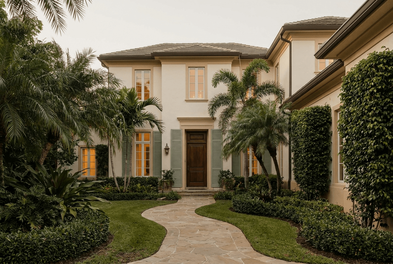 A luxury single-family home exterior at dusk